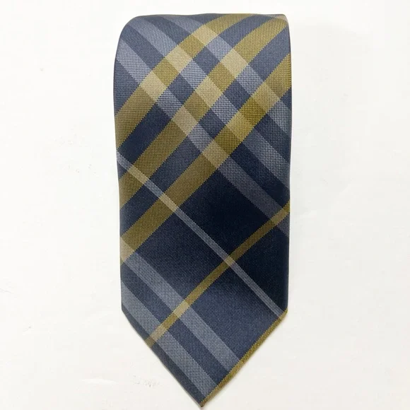 Burberry London Mens Designer Luxury Navy Blue Gold Plaid Silk Tie - Picture 8 of 8